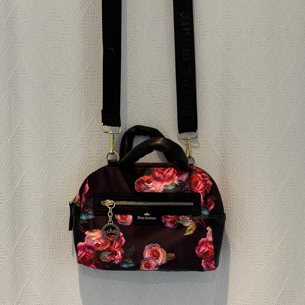 Juicy Couture Black and Pink Satin Floral Crossbody Bag